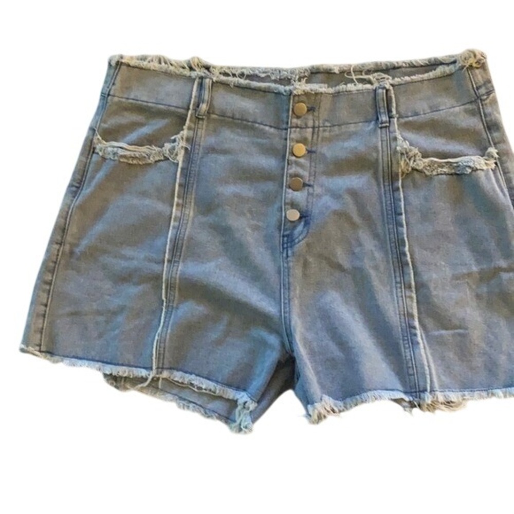 Womens High Waisted Denim Shorts Light Wash Button Fly Frayed Raw Hem Blue